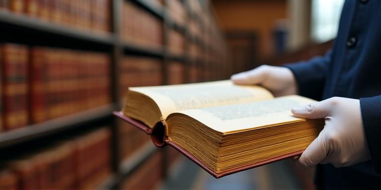 A legal professional reviewing large leather-bound law books in a traditional library