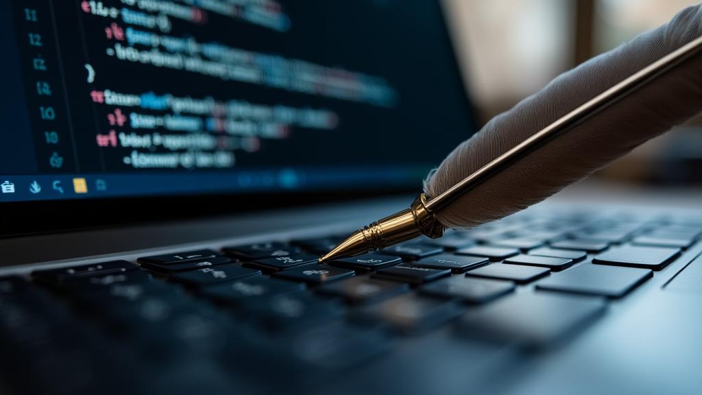 A vintage quill resting on a modern glass laptop screen, representing the fusion of old and new law